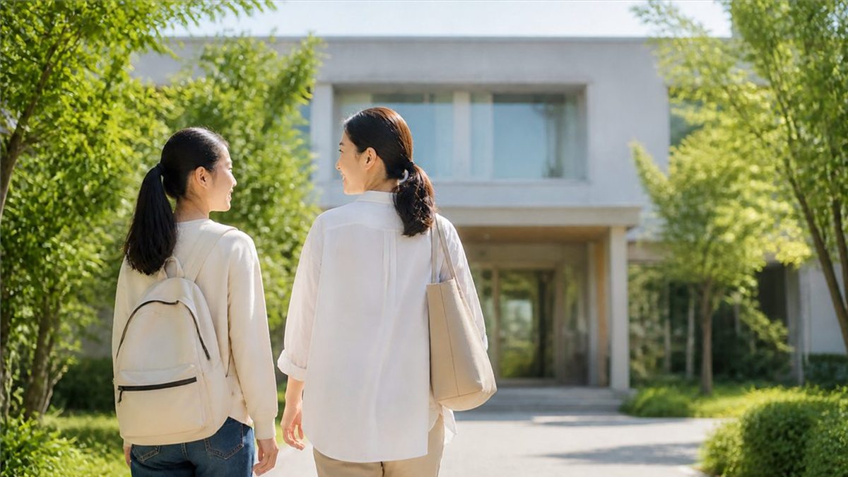 明るい相談施設へ向かう日本人の親子