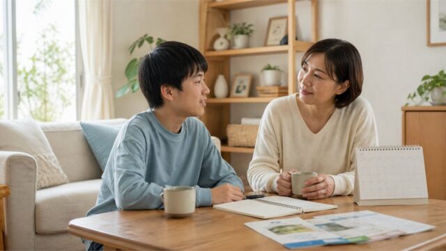 不登校の定義とデータを確認しながら穏やかに話す中学生と保護者