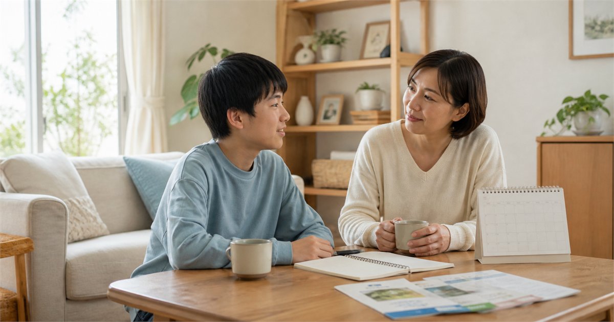 不登校の定義とデータを確認しながら穏やかに話す中学生と保護者