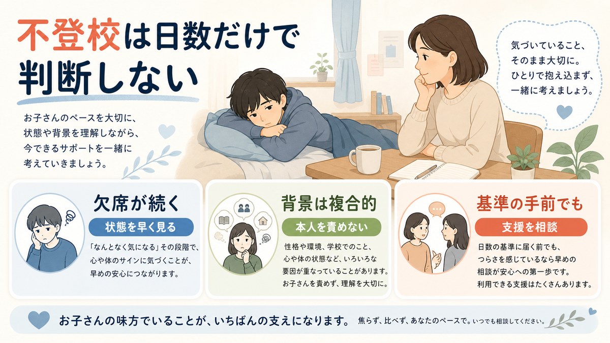 欠席日数・背景要因・除外条件と早期支援の考え方を示す図