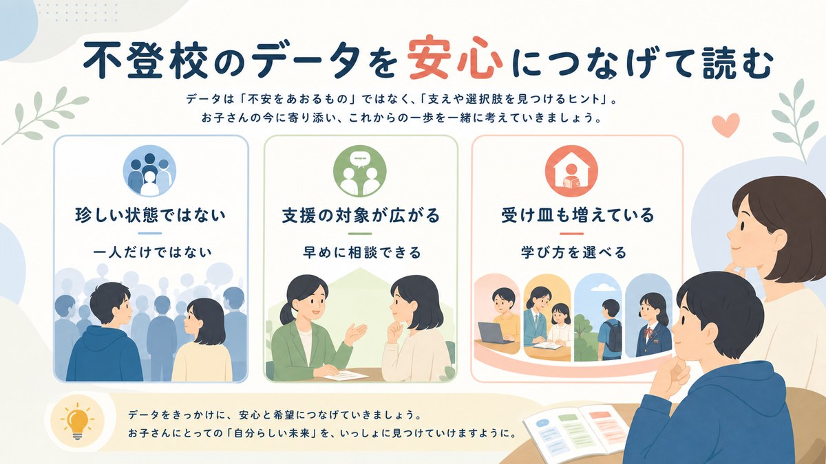 小学生・中学生・高校生の不登校データの広がりを数値なしで示す図