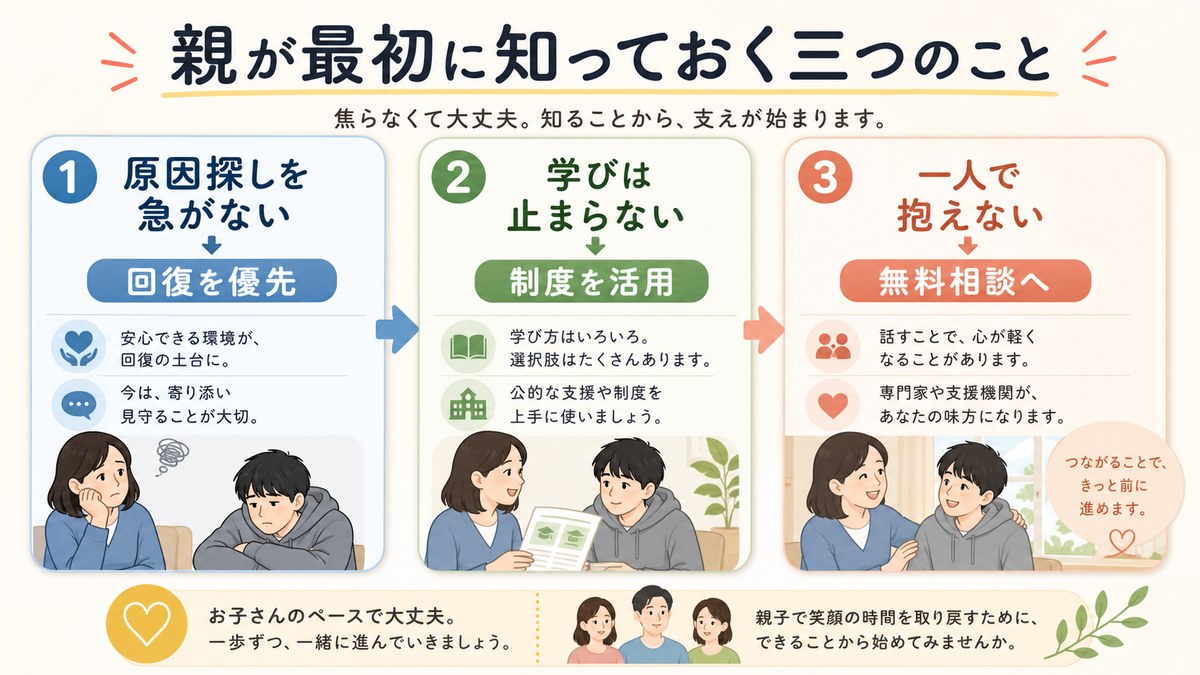 原因探しを止める・学びは続く・相談につながるの3点を示す親子