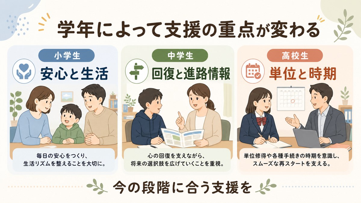 小学生・中学生・高校生で異なる不登校支援の焦点を示す図