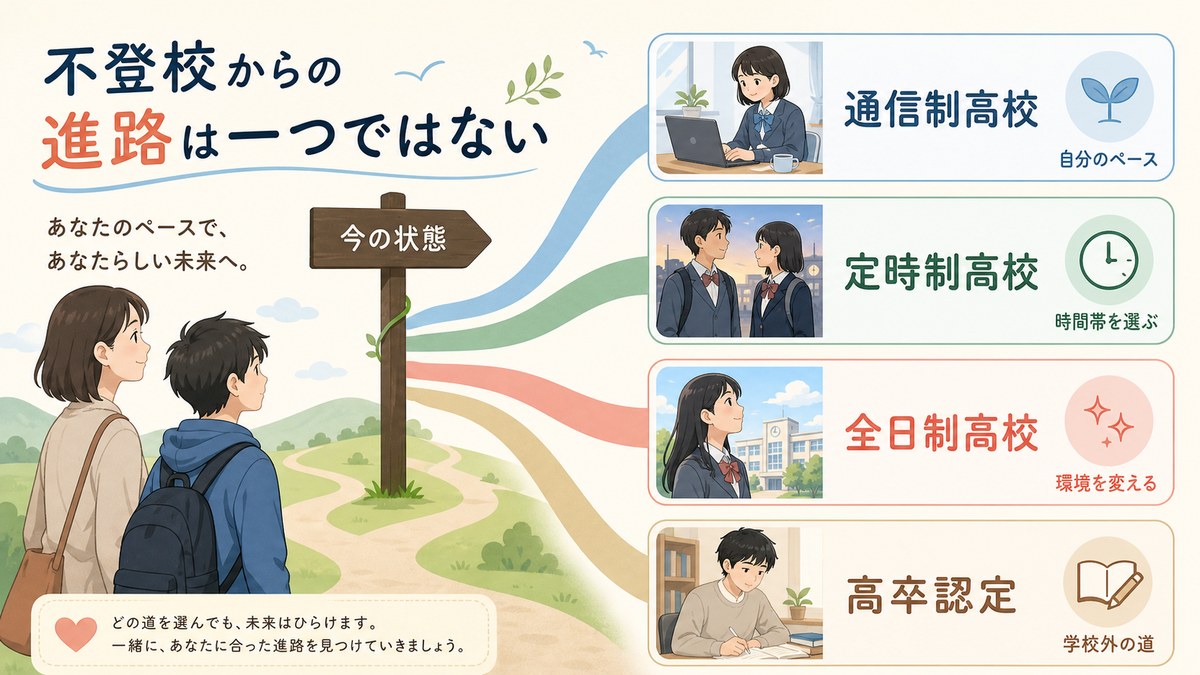 通信制高校・定時制・全日制・高卒認定など複数の進路を示す図