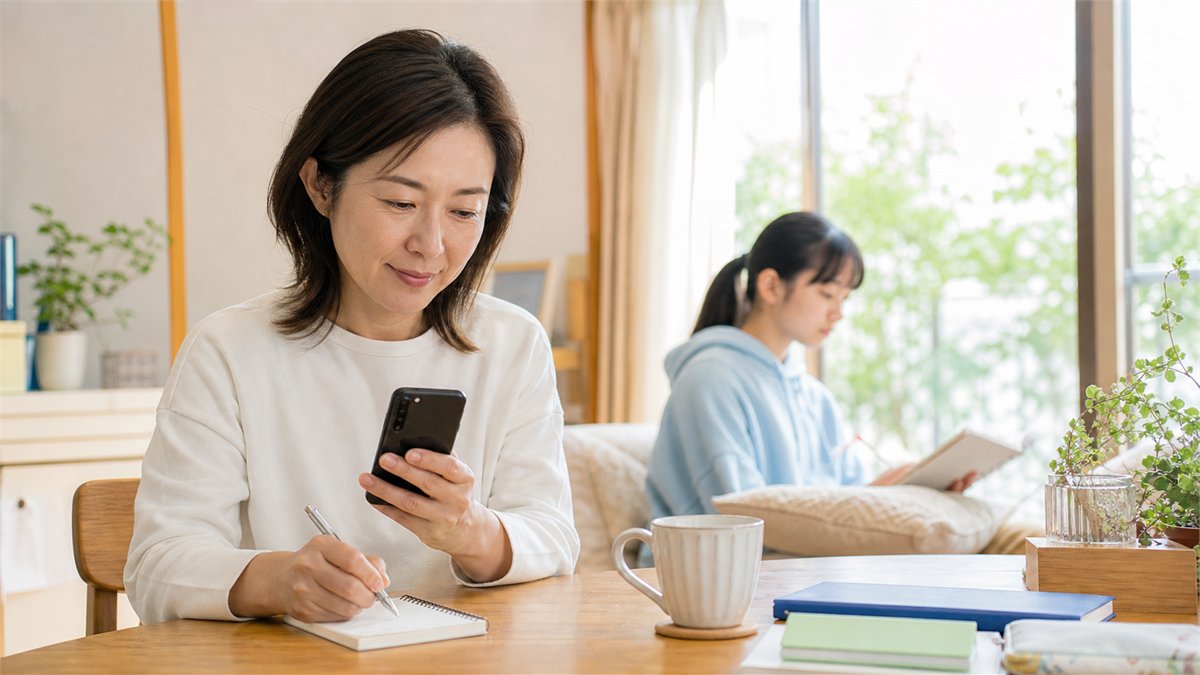 保護者が相談先を手元に控え子どもの休養を見守る様子