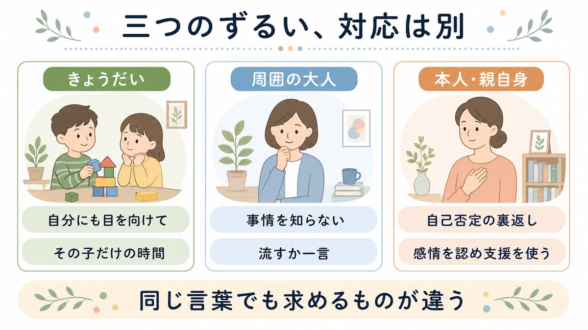 不登校をずるいと感じやすい3つの場面を整理した図解