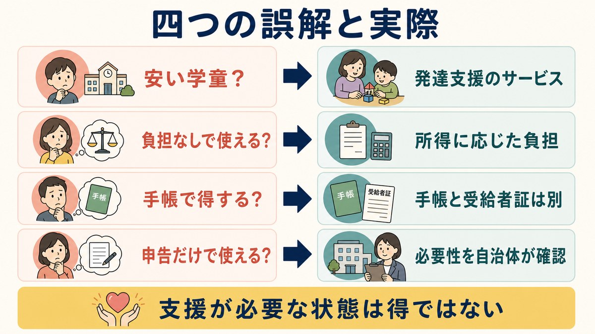 放課後等デイサービスへの4つの誤解と実際を対比した図解