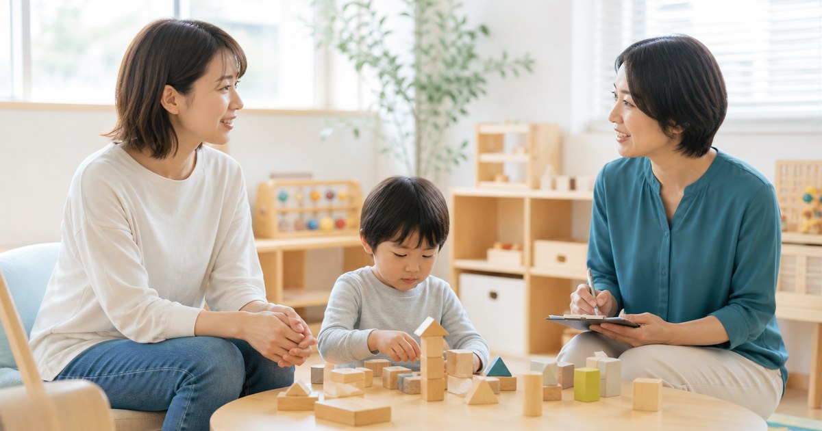 児童発達支援の場で子どもを見守り相談する日本人の保護者