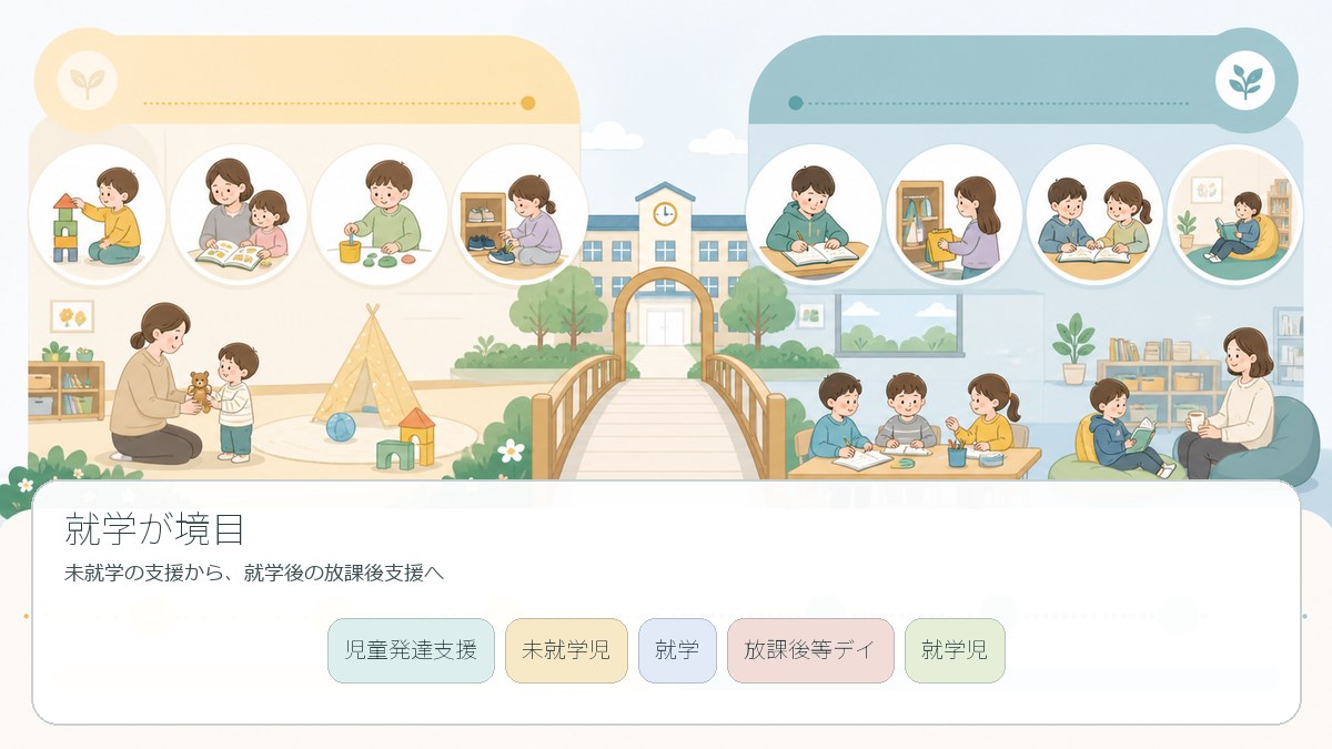 就学を境に児童発達支援と放課後等デイを分ける図