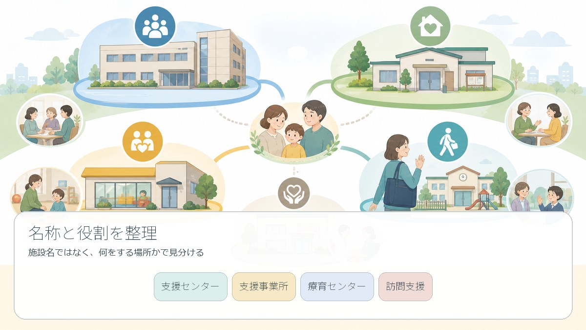 児童発達支援に関する紛らわしい4つの名称を整理する図