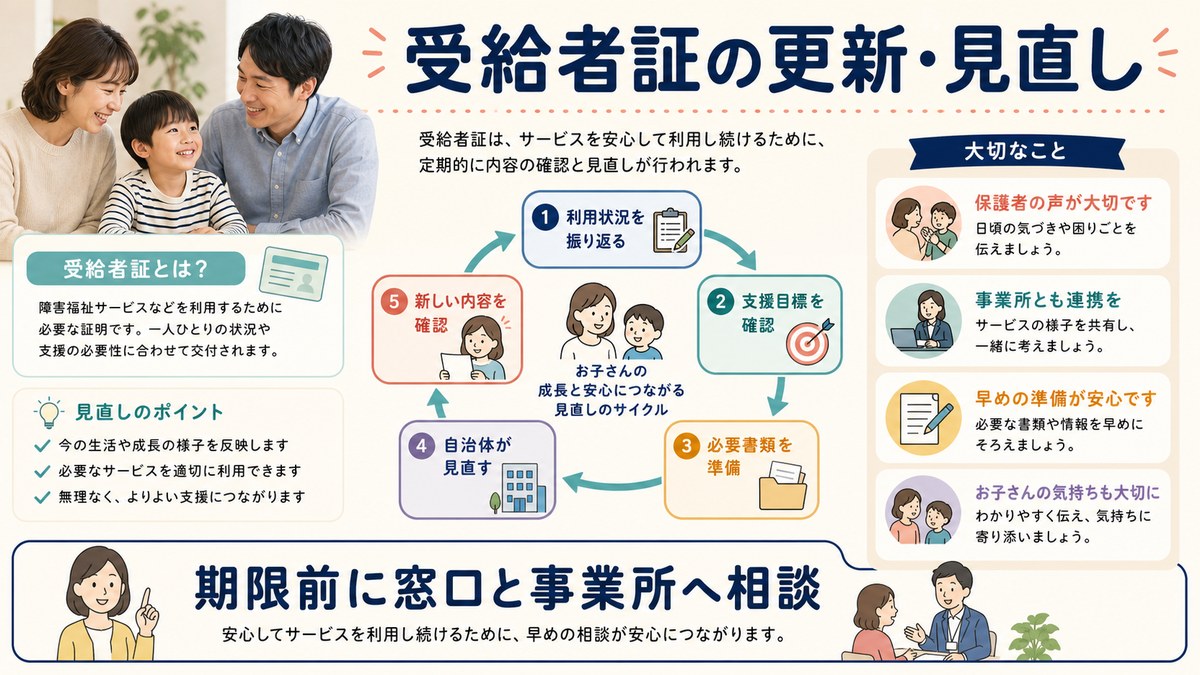 有効期限前に利用状況と支給量を自治体で見直す更新手続き