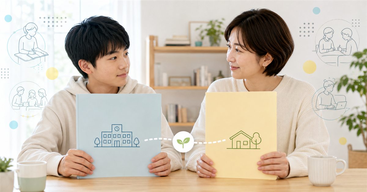 在籍中学と外部の学び場の二つの資料を確認する中学生と保護者
