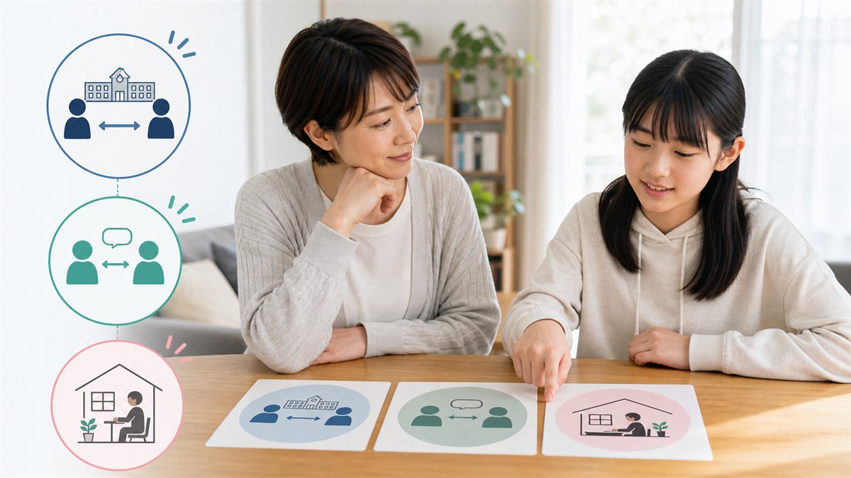 在籍中学との関係・出席連携・本人の体感を順に確かめる中学生と保護者