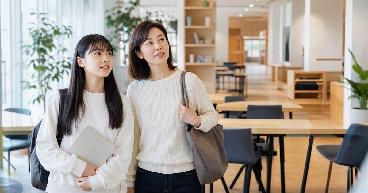 通学先となる学習スペースを見学する日本人の親子