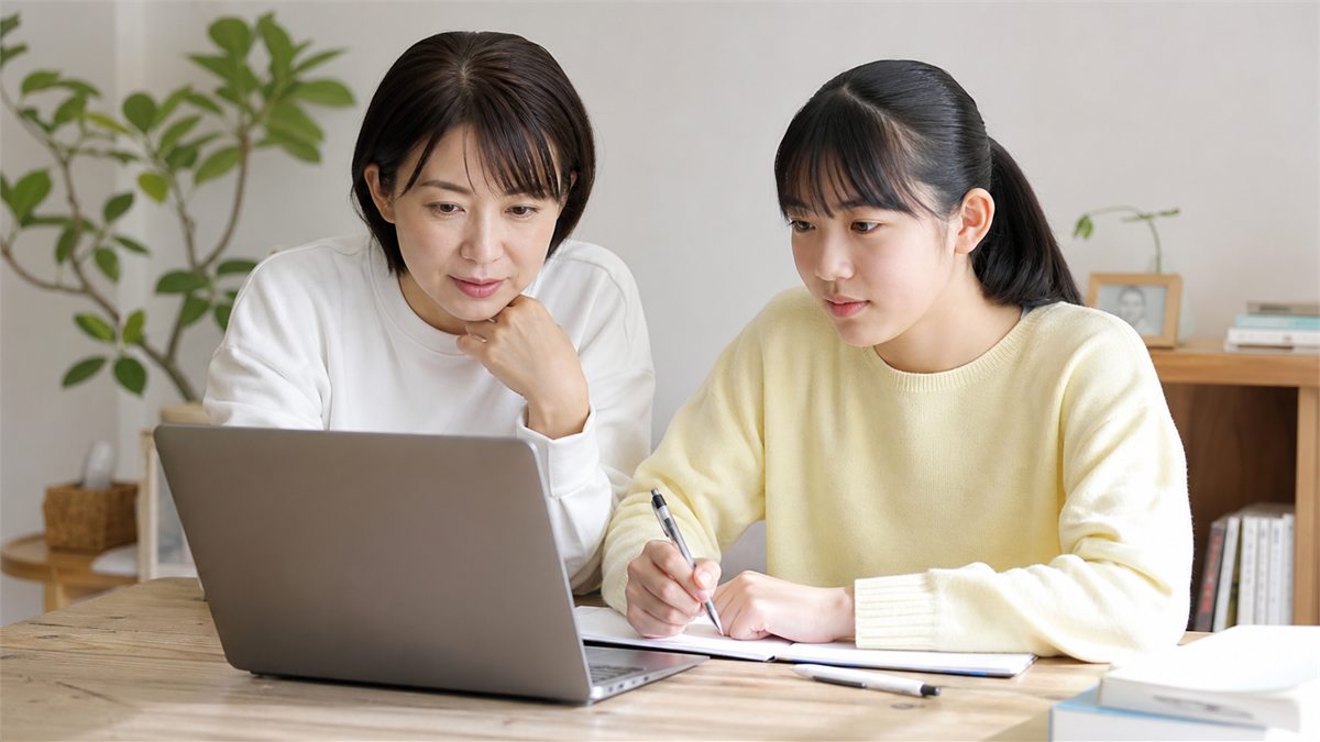自宅で公式のキャンパス情報を確認する日本人の親子