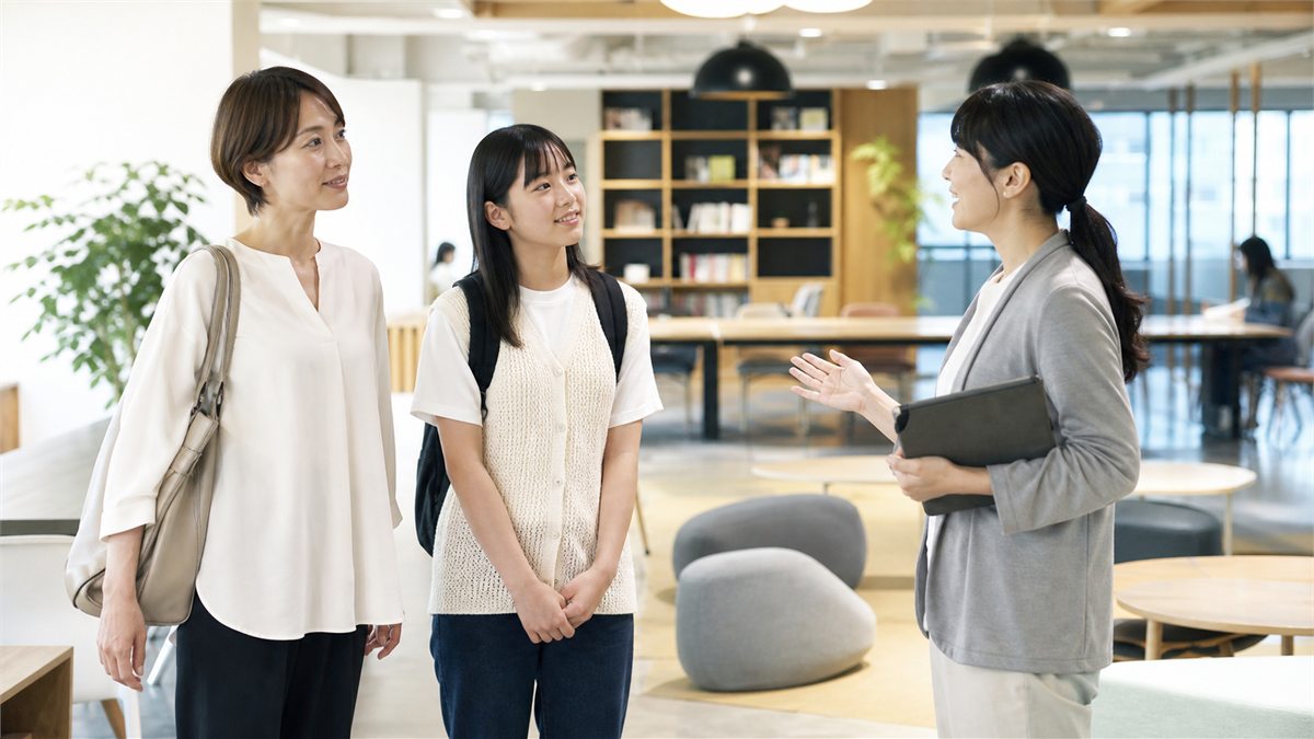 学習スペースを見学してスタッフの説明を聞く日本人の親子