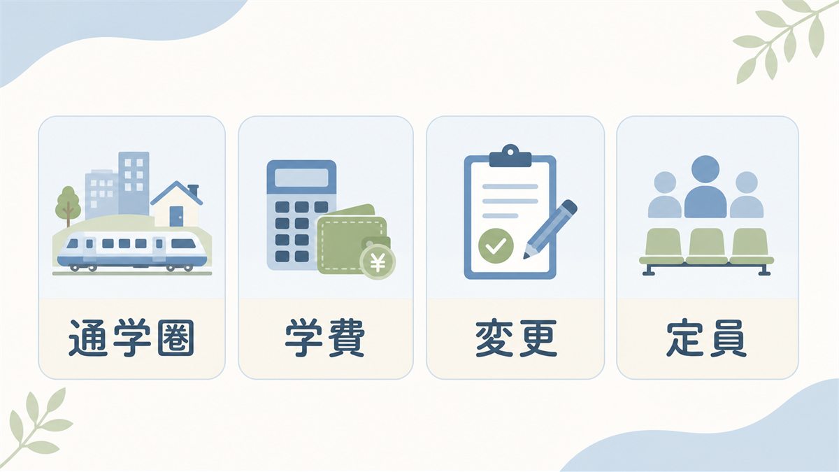 通学圏・学費・変更・定員の確認項目を示す図