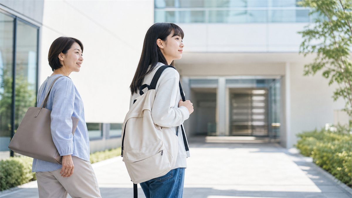 無理のない通学先へ前向きに歩く日本人の親子