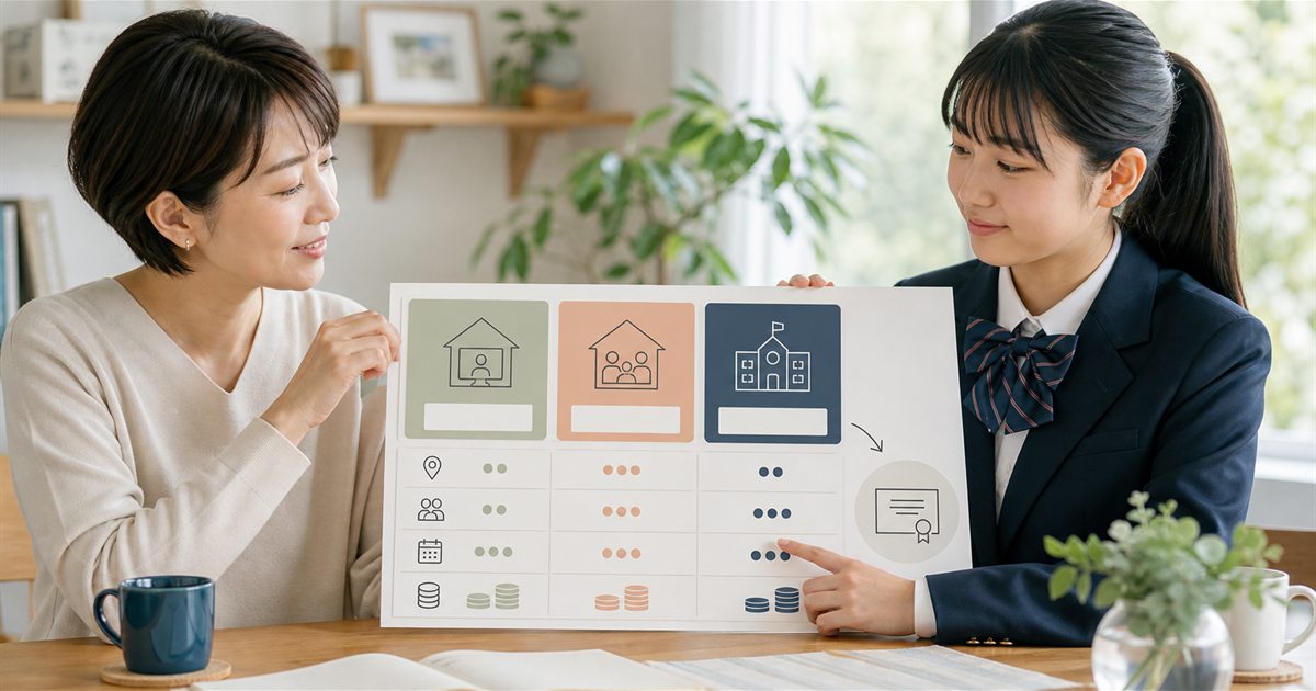 自宅型・オンライン交流型・通学型の三コースを比較する親子