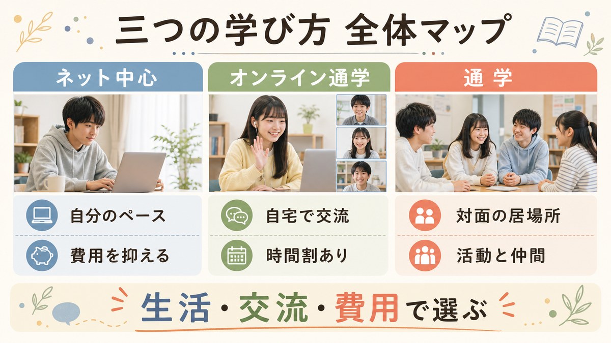学ぶ場所・交流・負荷・選考・費用で三つのコースを比べる図
