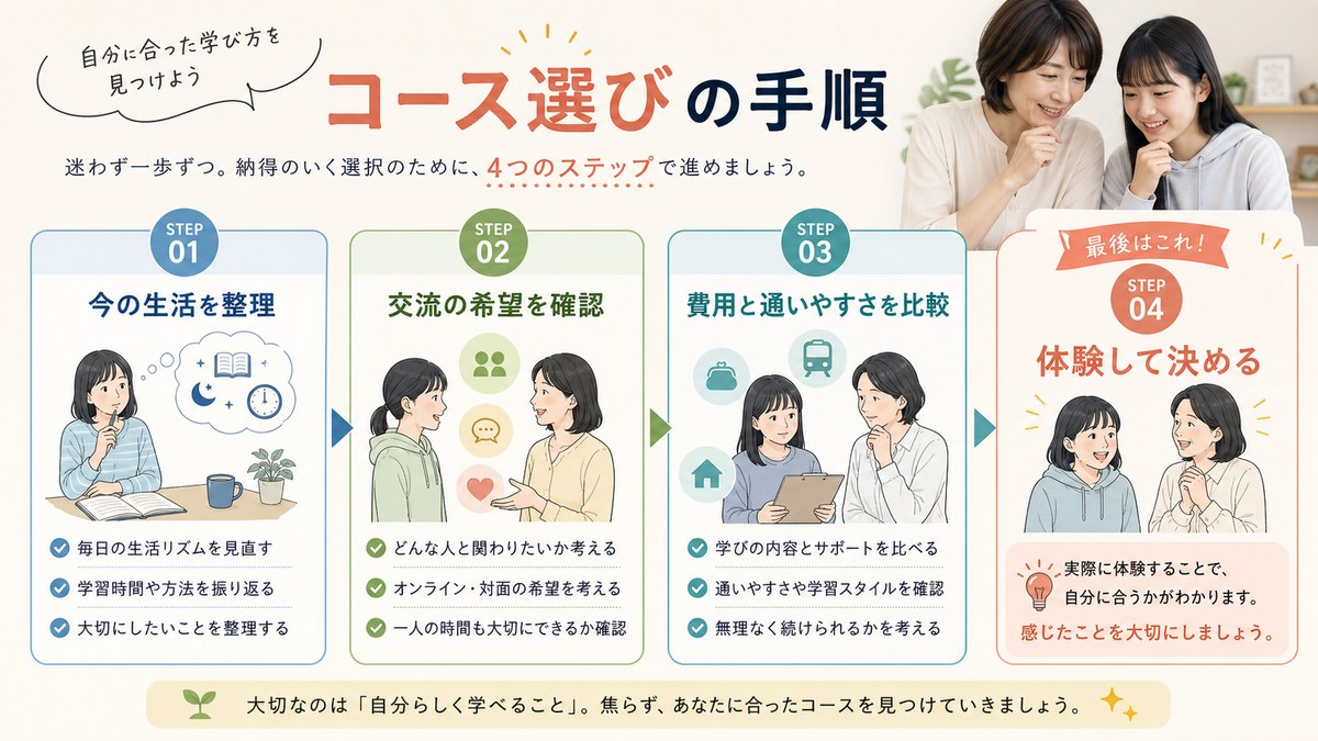 現在の状態・総予算・軽い開始の三段階でコースを選ぶ親子