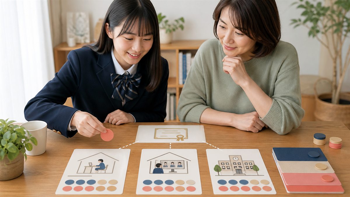 同じ卒業資格につながる三コースの日常と費用を比べる親子
