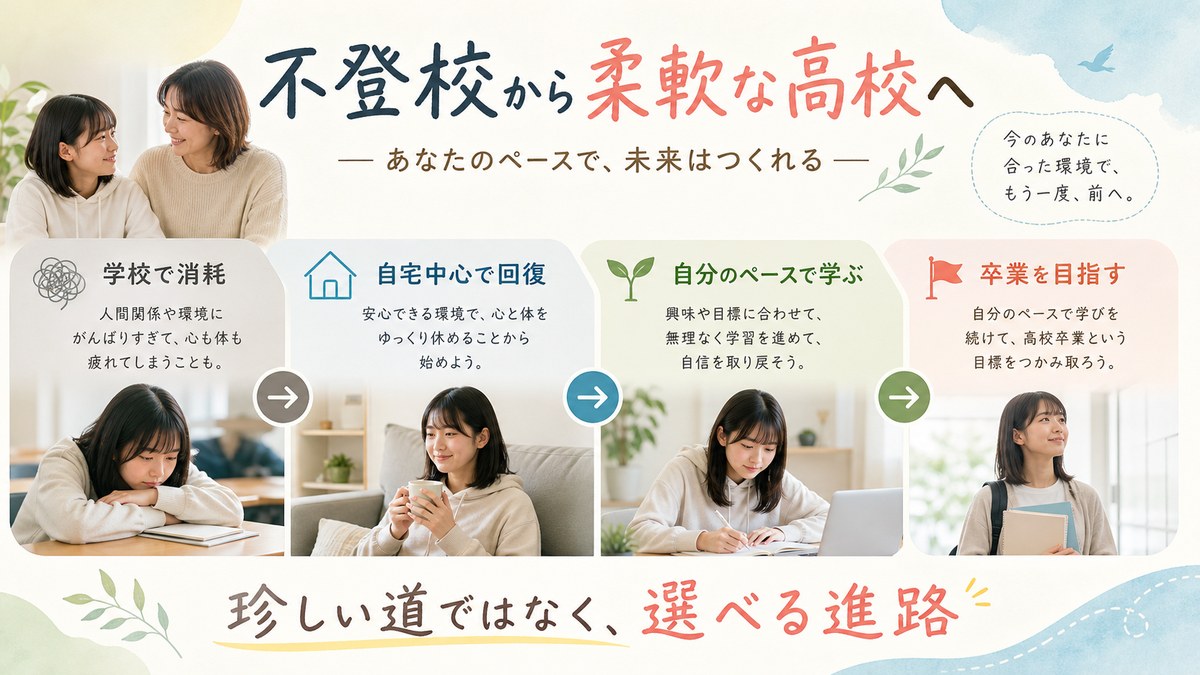 多様な不登校経験者が柔軟な通信制の学びと複数の進路へ進む図