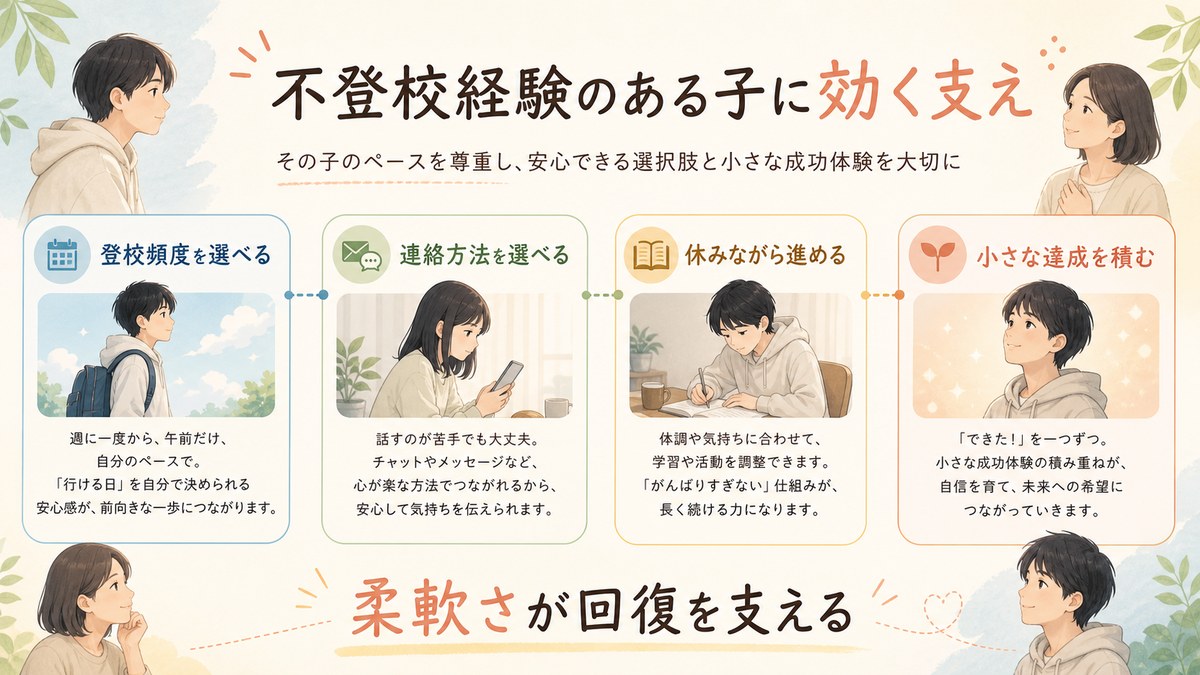 体調の波を吸収する学習と接点調整と校内相談を示す図