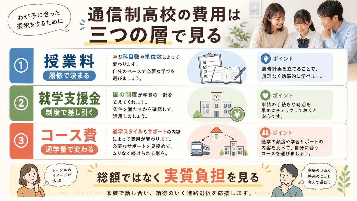 基本学費・就学支援・コース費の3層から家庭の負担が決まる構造図