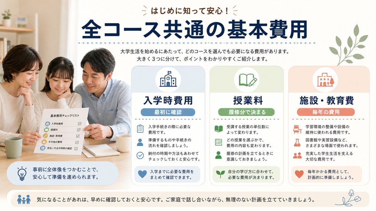 入学手続き・履修単位・施設運営・教材から共通の基本学費を示す図
