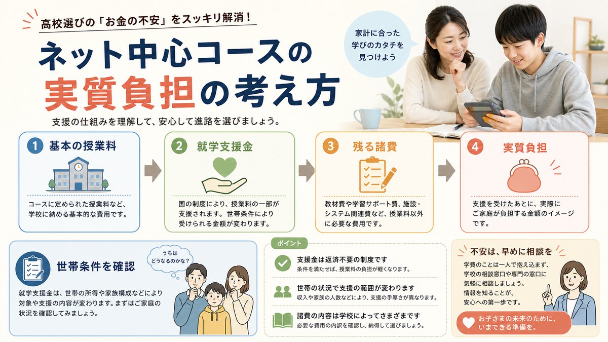 授業料部分に就学支援が適用され共通費用が残るネットコースの負担構造図