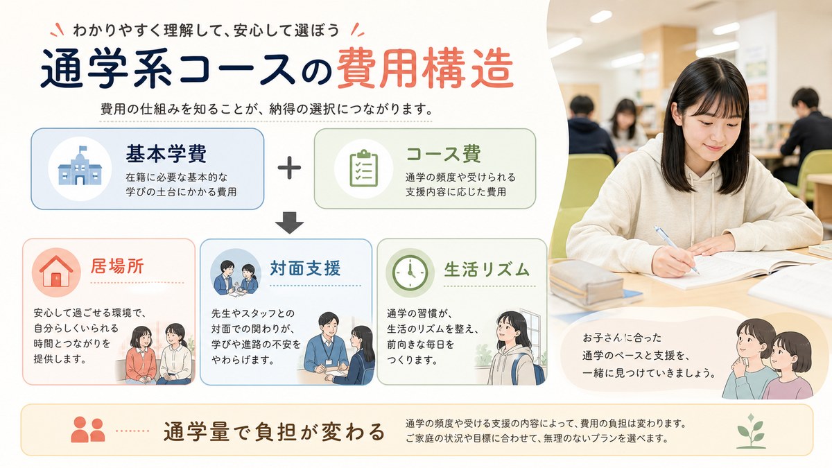 自宅中心から通学中心まで居場所と対面支援が増えるコース構造の比較図