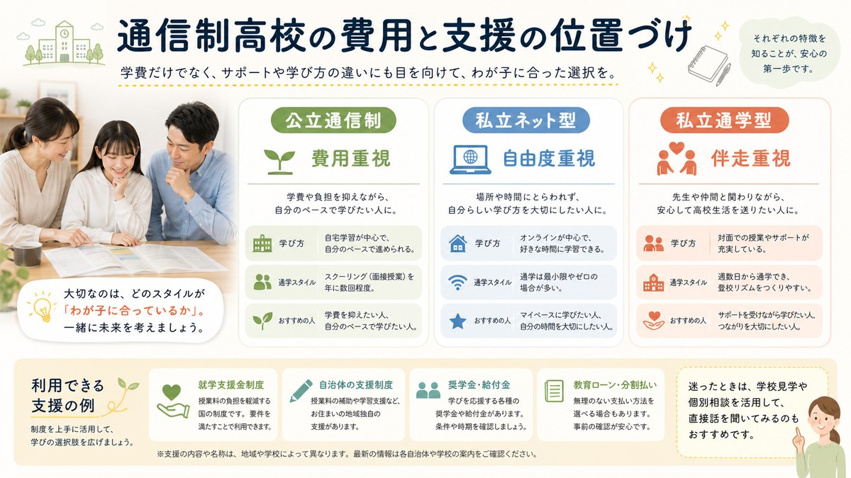 公立自学型・私立ネット型・私立通学型を費用と支援の厚さで比べる図