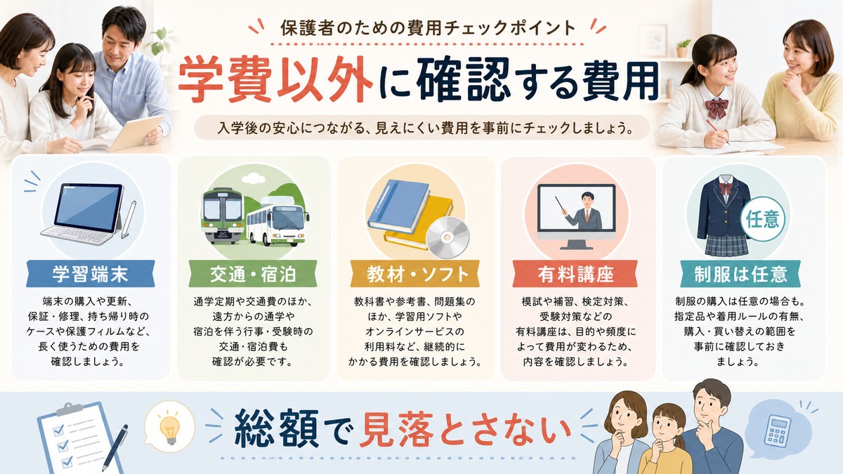 端末・セキュリティー・交通・宿泊・教材・服装など追加費用を確認する家族