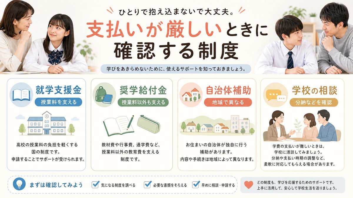 給付・自治体支援・学校への支払い相談という3つの選択肢を確認する親子