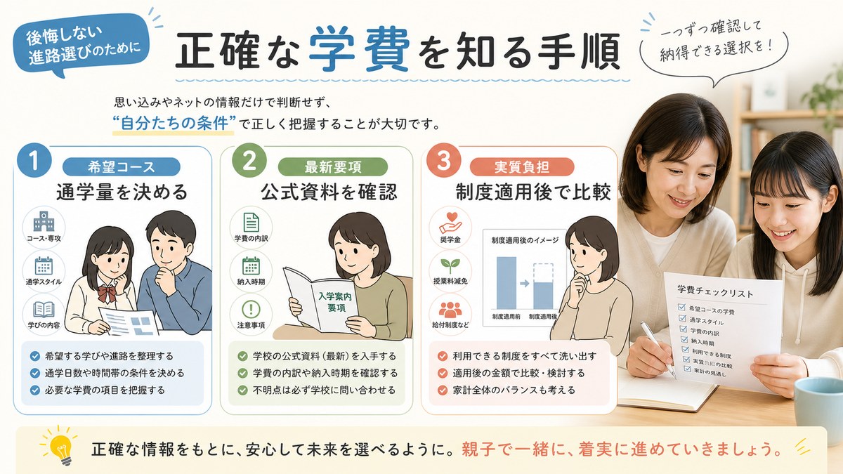 希望コースを選び最新資料を入手して実質負担を比較する手順の図