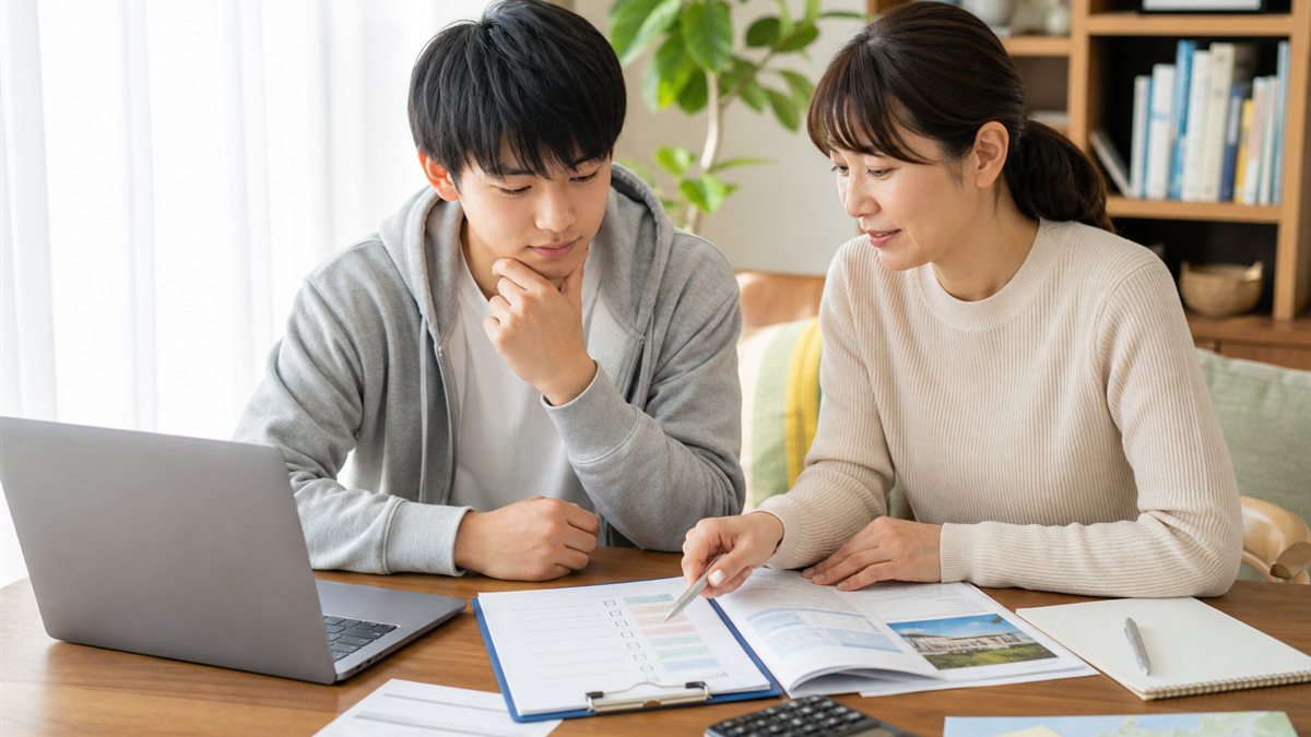 最新の募集要項と個別見積もりを自宅で確認する高校生と保護者