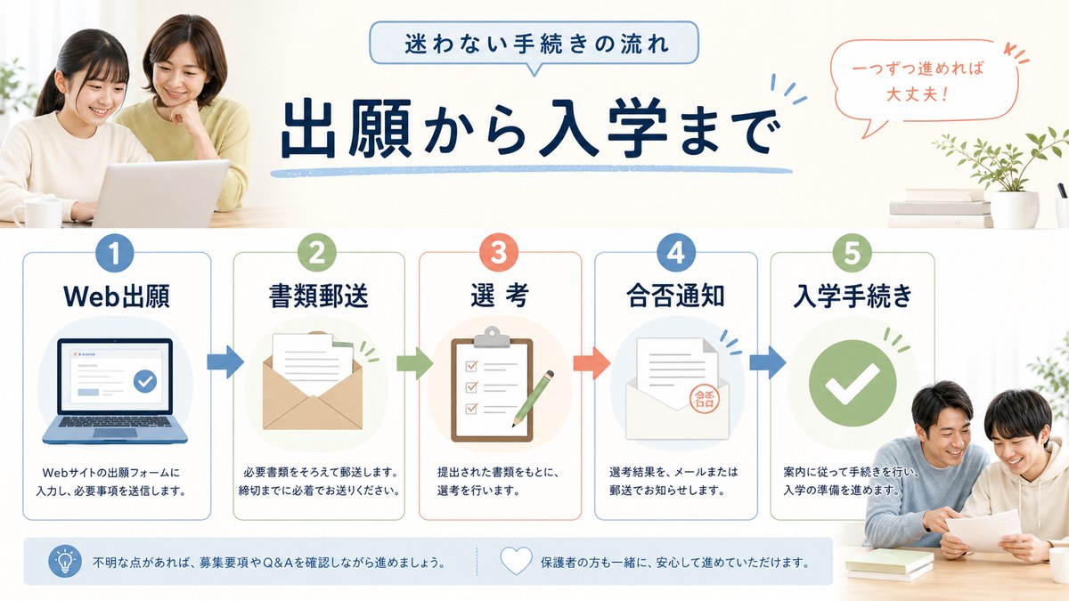 要項確認・書類準備・出願・通知確認・入学手続きを進める親子