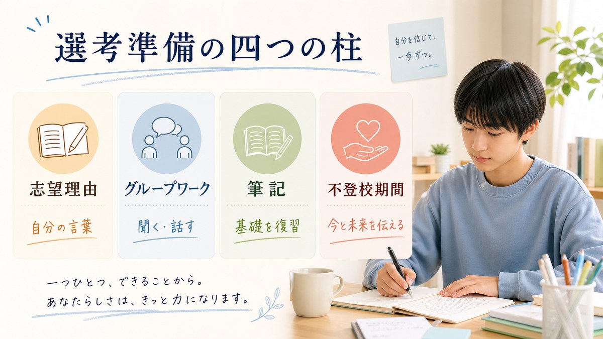 筆記・面接・グループワークを落ち着いて練習する中学生