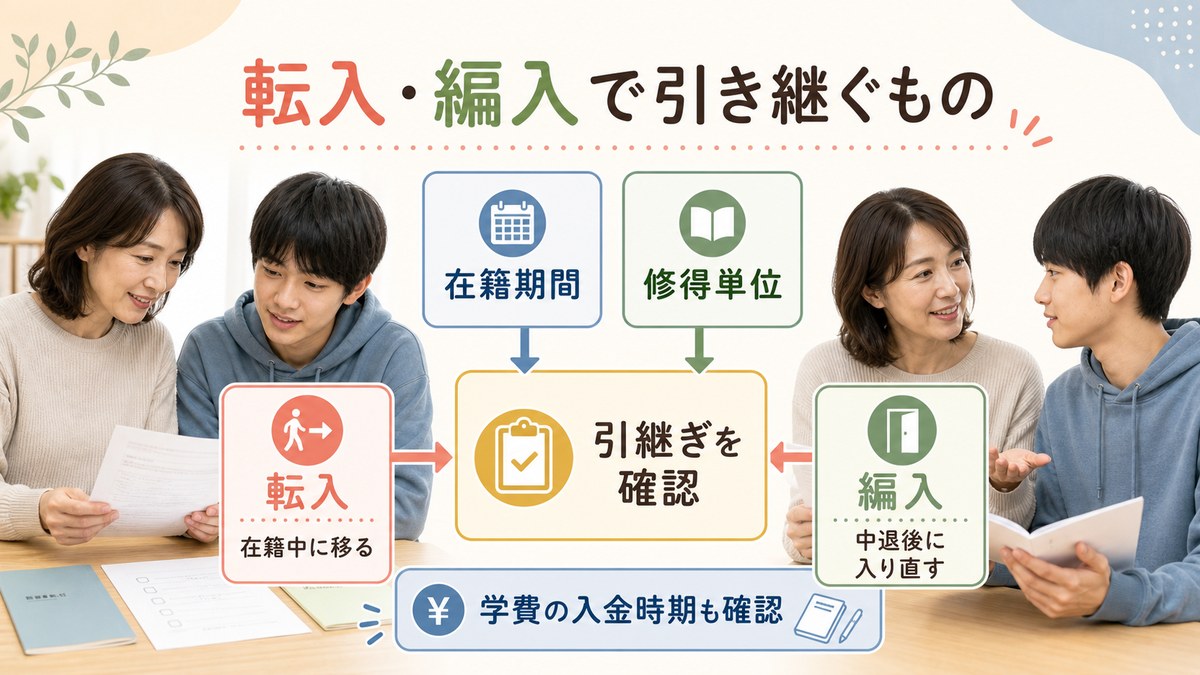 在籍記録や修得単位を確認して転入時期を相談する生徒と保護者