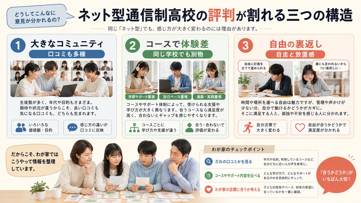 口コミの母数・コースによる体験差・自由と自己管理の関係から評判を読み解く図