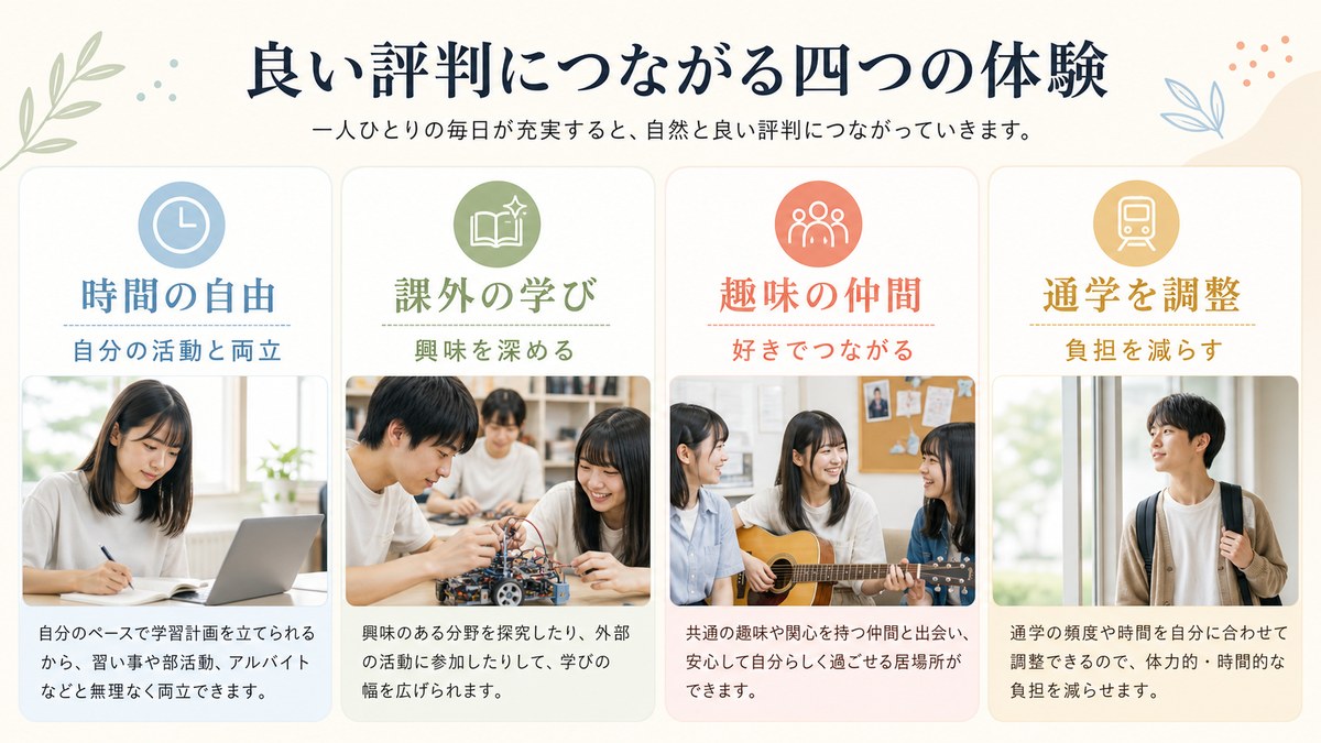自由な時間を創作・学習・オンライン交流・通学調整に活用する高校生