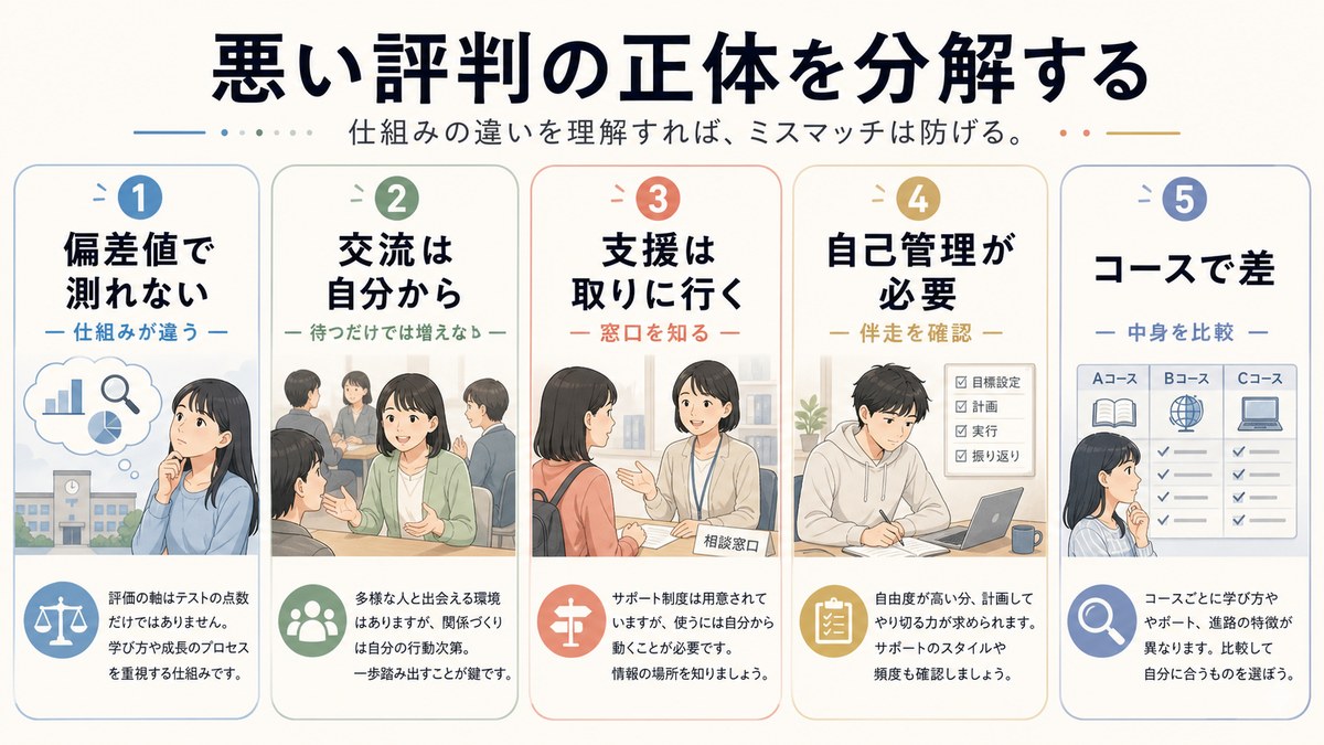 入試・交流・相談・自己管理・コース差から悪い評判の背景を整理する図