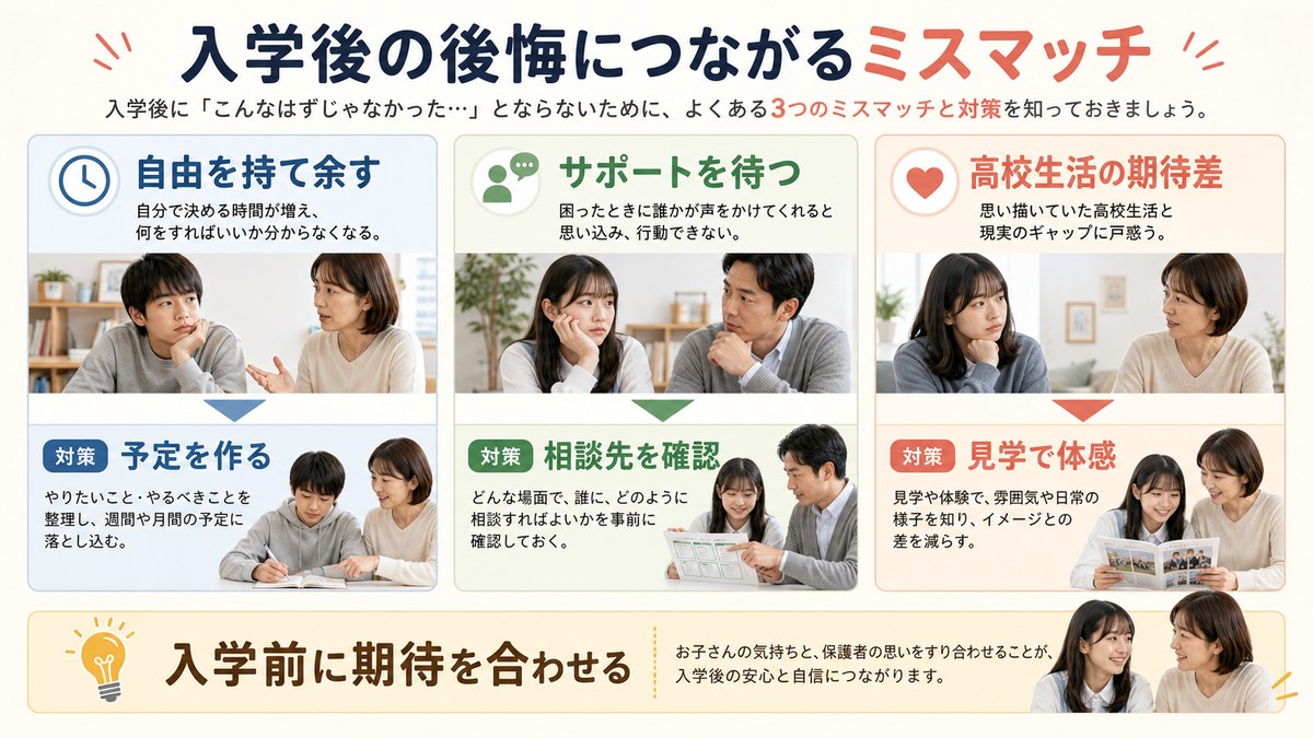時間の使い方・支援の受け方・学校生活の期待という3つのミスマッチを示す図