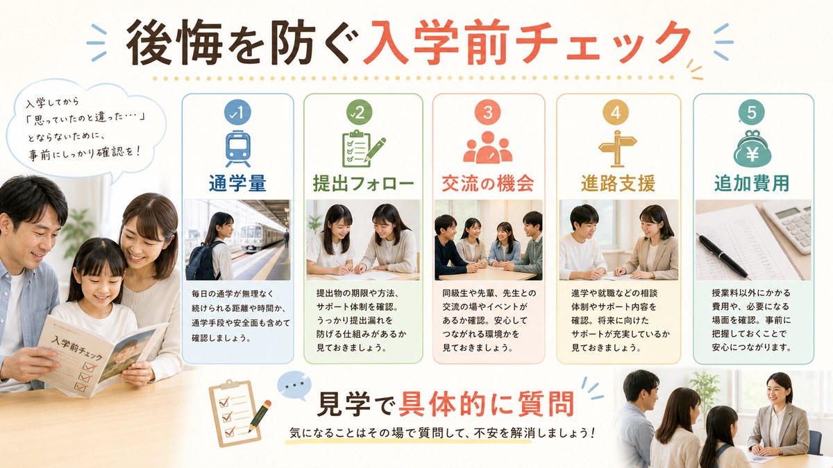 時間の使い道・コース体験・支援・費用・変更余地を入学前に確認する親子