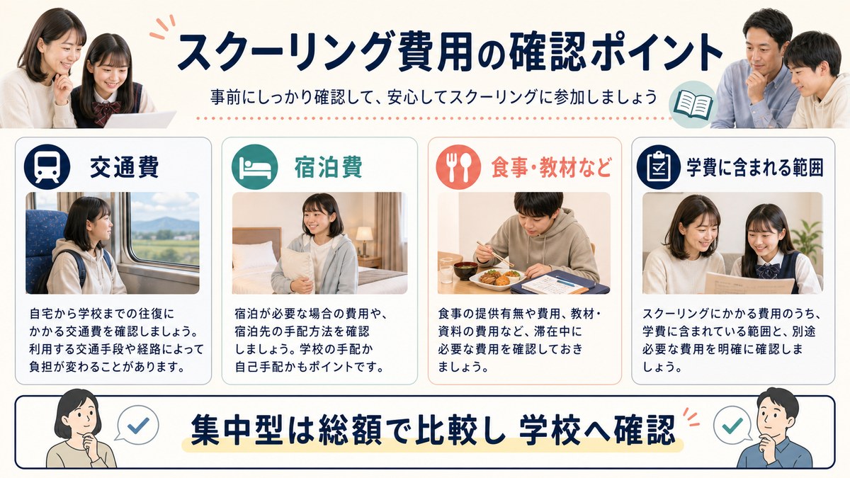学費と別に交通・宿泊・食事の実費を見込む図