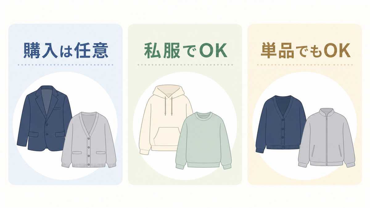 購入は任意・私服でOK・単品でもOKという服装ルールを示す図