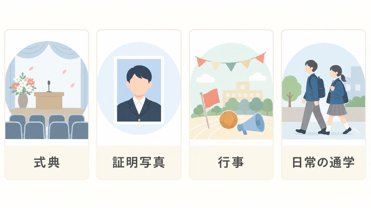 式典・証明写真・行事・日常の通学で制服風の服が役立つ場面を示す図