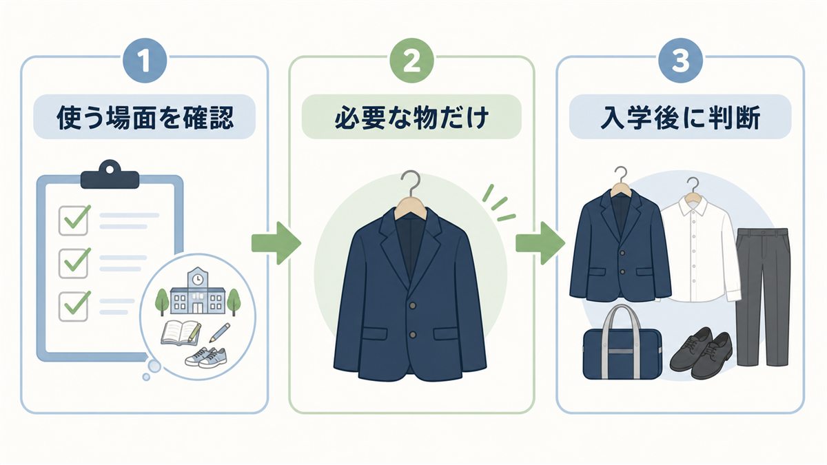使う場面を確認して必要な物だけ入学後に判断する流れを示す図