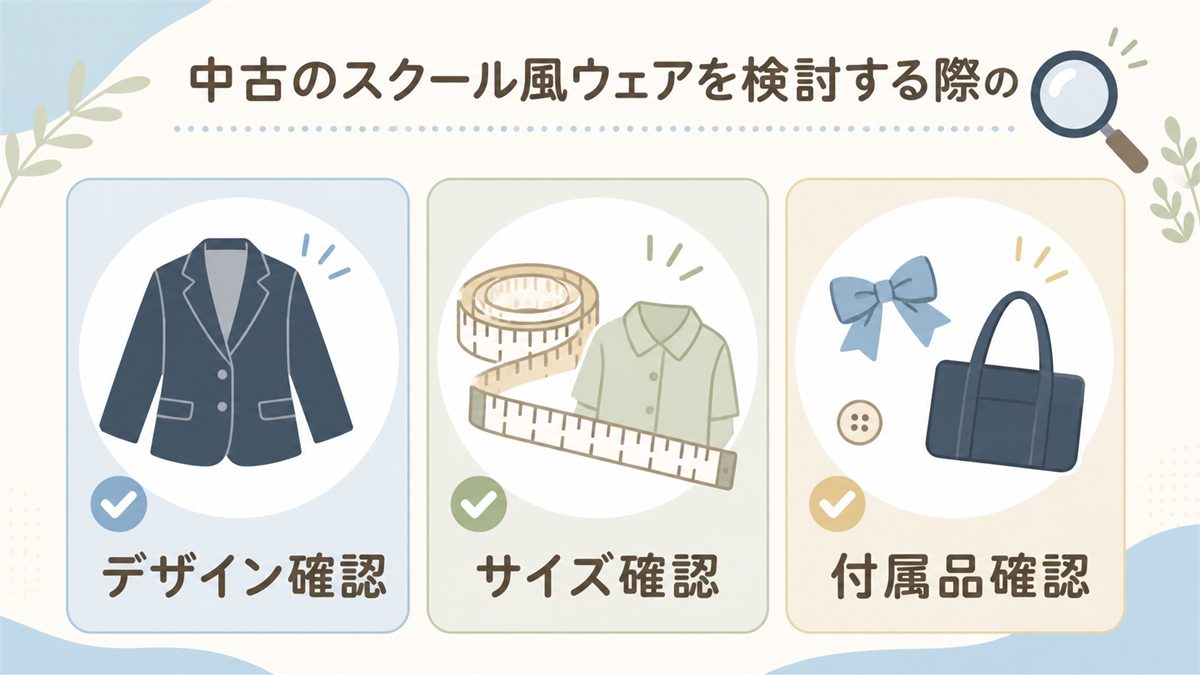 中古の学生風ウェアでデザイン・サイズ・付属品を確認する図